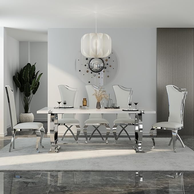Asday 80 inch Dining Table, Luxury White and Silver Dining Room Table, Large Family Dining Table Modern Kitchen Table with Stainless Steel U-Base for Home Office Apartment