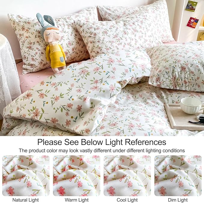 EAVD Garden Style Pink Floral Comforter Set Queen White Soft Microfiber Chic Floral Leaves Pattern Bedding Set with 2 Pillowcases Vintage Botanical Comforter Set for All-Season