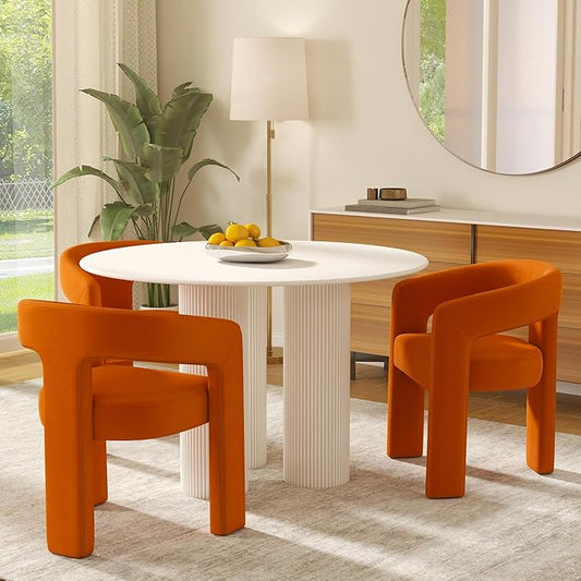 Modern Barrel Dining Chairs Set of 3, Velvet Upholstered Accent Side Chair with Arms Comfy Makeup Vanity Chairs, Dining Living Room Kitchen Chairs, Orange