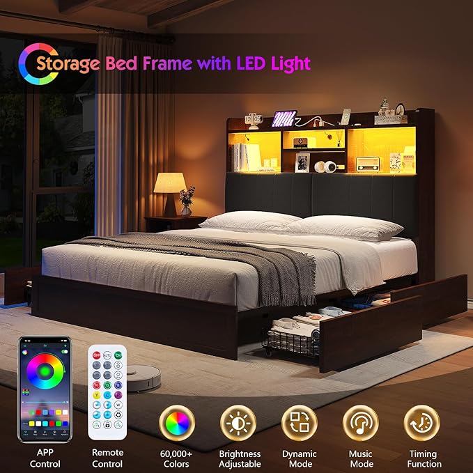 King Farmhouse Bed Frame with Bookcase Headboard and 4 Drawers, LED Storage Bed with Charging Station & Linen Upholstered, No Box Spring Needed, Reclaimed Barnwood