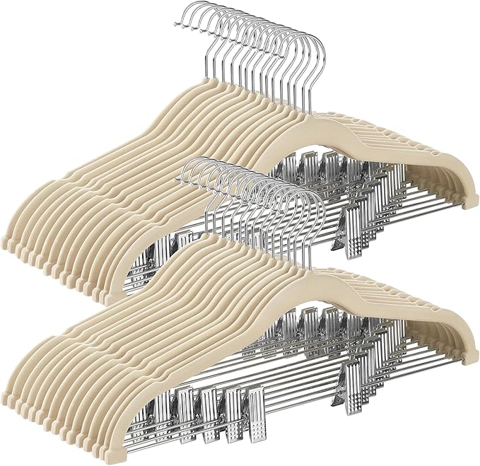 SONGMICS 30-Pack Pants Hangers, 16.7-Inch Long Velvet Hangers with Adjustable Clips, Heavy-Duty, Non-Slip Skirt Hangers, Space-Saving for Pants, Skirts, Coats, Dresses, Sandy Beige UCRF012M30