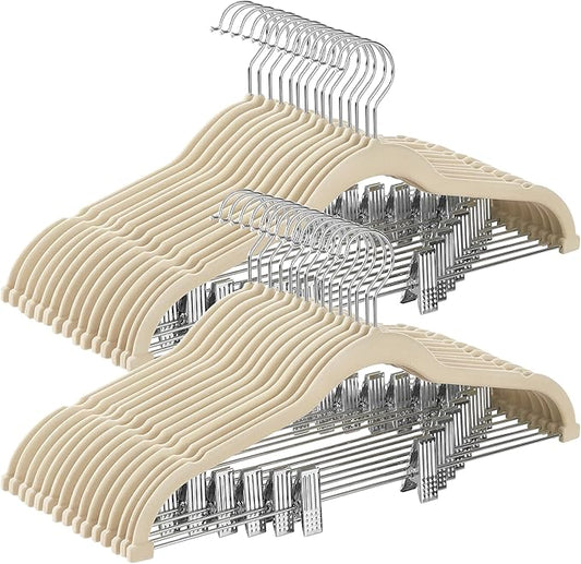 SONGMICS 30-Pack Pants Hangers, 16.7-Inch Long Velvet Hangers with Adjustable Clips, Heavy-Duty, Non-Slip Skirt Hangers, Space-Saving for Pants, Skirts, Coats, Dresses, Sandy Beige UCRF012M30