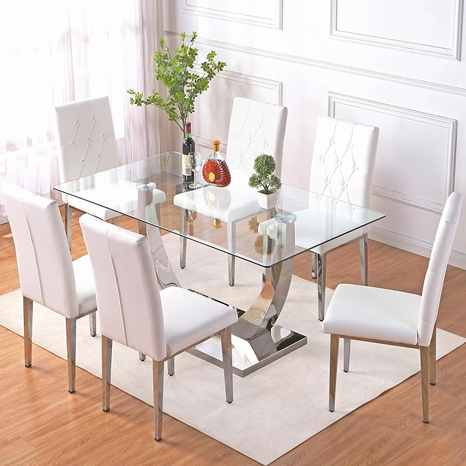 Modern Dining Table and Chairs for 6 - 63'' Glass Table with Silver U-Shaped Legs