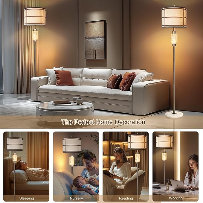 Natural Alabaster Floor Lamp, Lamps for Bedroom, Tall Lamp with Night Light, Marble Base, Linen Shade,Living Room Lamp, Standing Lamp for Living Room Bedroom Office - Brown (Bulb Included)