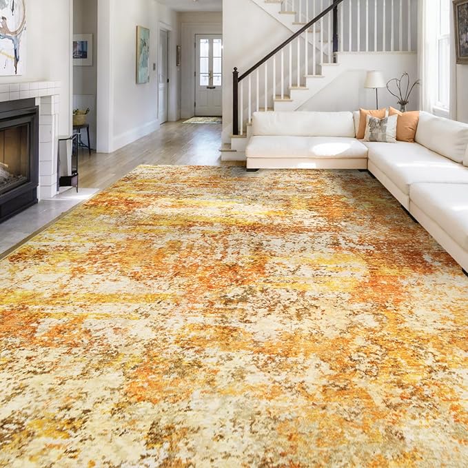 Washable Area Rugs for Living Room - 10x14 Abstract Modern Rug Neutral Soft Rug Stain Resistant Non-Shedding No Slip Low Pile Large Carpet for Bedroom Dining Room Nursery Home Office - Orange/Gold