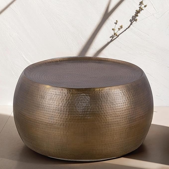 CT501 Modern Contemporary Round Aluminum Material 32" Coffee Table, Farmhouse Table with Glossy Hand Hammered Design Antique Gold