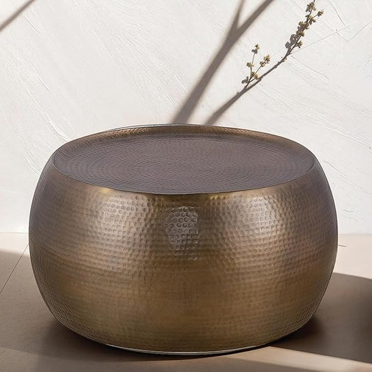CT501 Modern Contemporary Round Aluminum Material 32" Coffee Table, Farmhouse Table with Glossy Hand Hammered Design Antique Gold