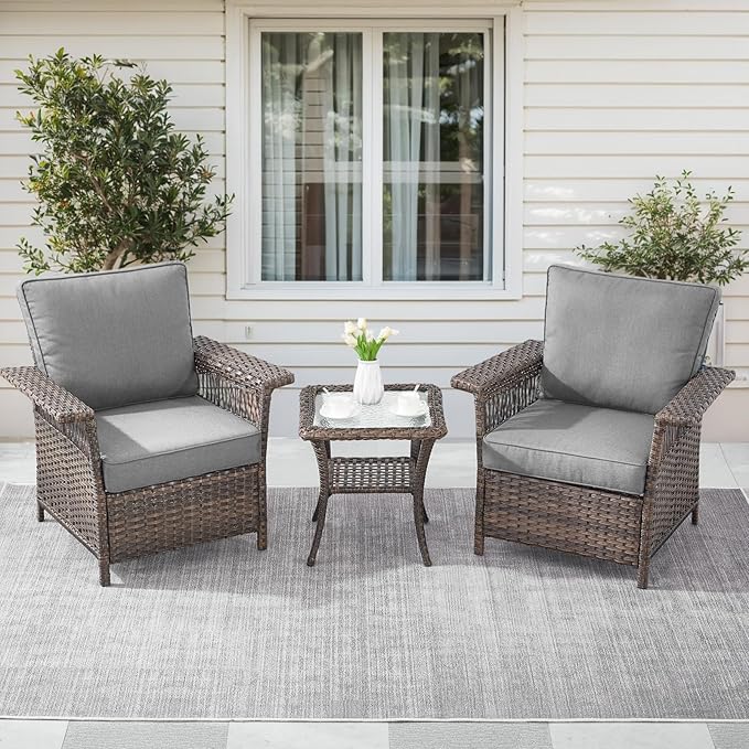 Wicker Outdoor Chairs Set - 3 Pieces Hollow Widen Armrests Patio Furniture Set with Side Table, Comfortable High Back Rattan Chairs for Balcony Porch Deck and Yard - Brown/Gray