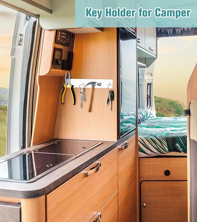 RELBRO Key Holder Wall Mount, Large Metal Self Adhesive Key Rack with 4 Hooks, 2 Installation Options, White