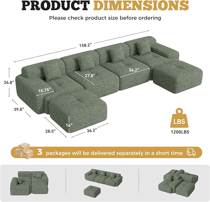 158" Modern U Shaped Modular Sectional Sofa, Boneless Couches for Living Room with Ottoman,6 Seater Convertible Chenille Cloud Couch Sofa Set, No Assembly Required, Green 1 PCS