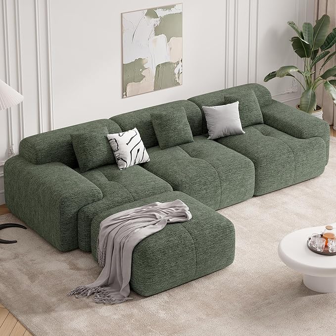 122" Modern L Shaped Modular Sectional Sofa, Boneless Couches for Living Room with Ottoman,4 Seater Convertible Chenille Cloud Couch Sofa Set, No Assembly Required, Green 1 PCS