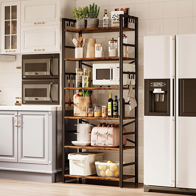 Homeiju 6 Tier Bookshelf, Industrial Bookcase with 8 Hooks, Vintage Storage Rack with Open Shelves, Rustic Standing Bookshelves Metal Frame Display Rack for Living Room, Bedroom, Rustic Brown