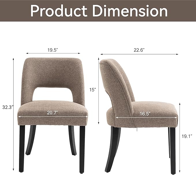 VKNOW Wooden Dining Chairs Set of 6, Modern Fabric Upholstered Dining Room Chair Kitchen Chairs, Farmhouse Dinner Chair for Kitchen Dining Room, Brown-Black Legs