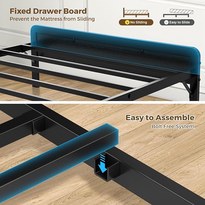 Bed Frame Queen Size with Charging Station and LED Lights, Upholstered Storage Headboard with 4 Drawers, Heavy Duty Metal Slats, Noise Free, Easy Assembly, No Box Spring Needed