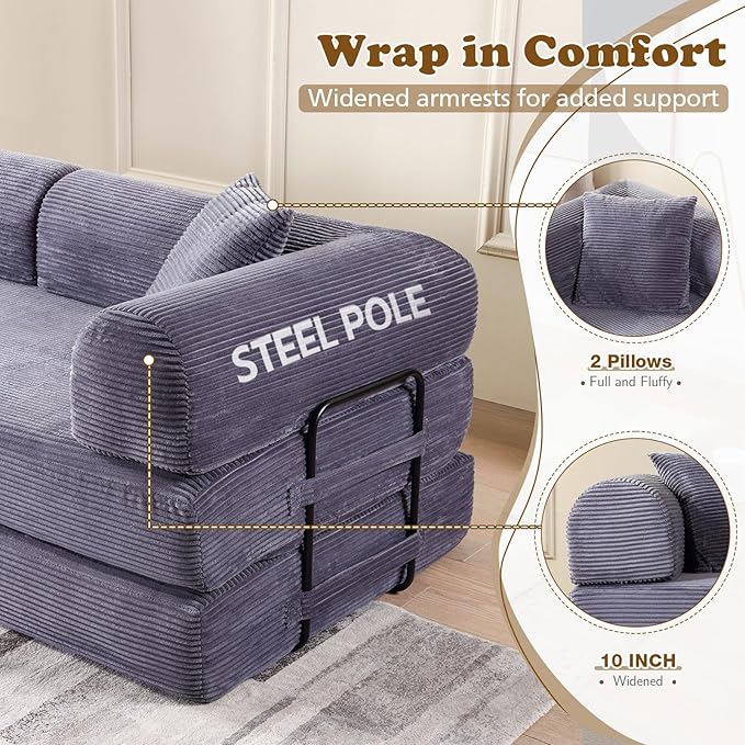 Antetek Convertible Futon Sofa Bed, 3-Seater Modern Corduroy Foam Floor King Size Bed Fold Out Sleeper Lounge Loveseat Sofa Couch with 2 Throw Pillows for Living Room Bedroom Guest Room, Light Grey