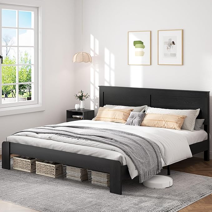 King Size Bed Frame, Rustic Vintage Platform Bed Frame with Wood Headboard and Footboard, 12 Wood Slats Support, No Box Spring Needed (Black, King)