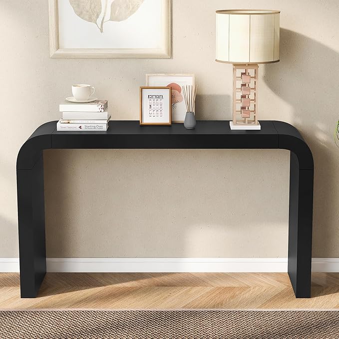 52" Curved Console Table for Entryway Modern Long and Narrow Foyer Table Behind Couch for Corridor Living Room Wood (Black)