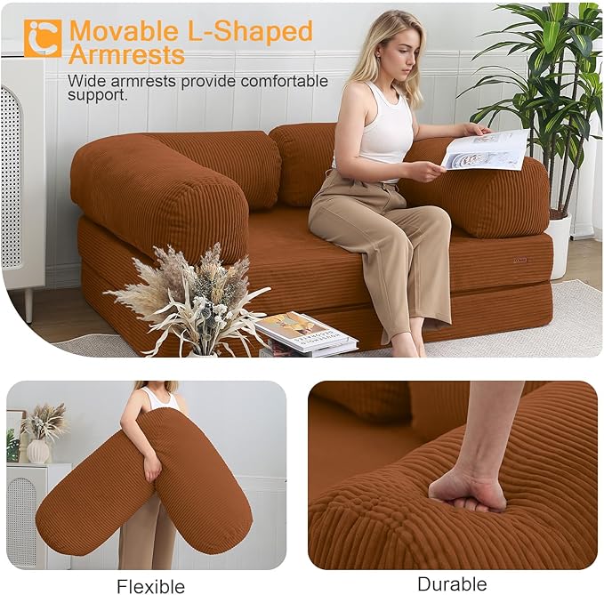 COMAX Futon Sofa Bed, 4-in-1 Floor Foldable Sofa Couch Bed Queen with L-Shaped Armrests, Convertible Folding Chair Bed Corduroy Sleeper Mattress Fold Out Comfy Lounge for Living Room, Orange
