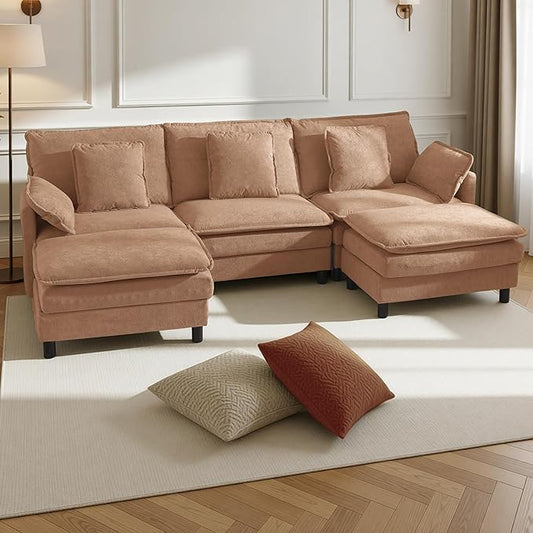 Claiks 110" Modular Sectional Sofa, Cloud Couch with Ottoman, U-Shaped 5-Seater Sofa in Chenille Fabric, Deep Seat Comfy Couch with Pillows for Living Room & Offices, Khaki
