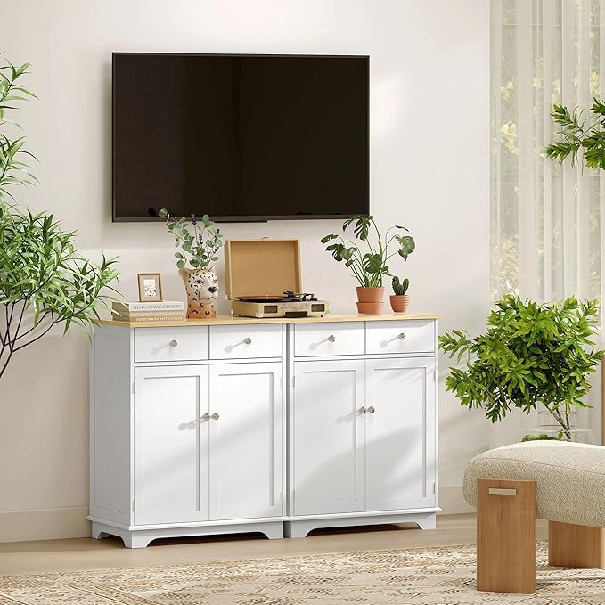 HOMCOM Sideboard Buffet Cabinet with Solid Wood Countertop, Modern Kitchen Storage Cabinet, Coffee Bar Cabinet with 2 Drawers, Doors and Adjustable Shelf, White