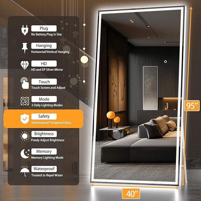 Hasipu Full Length Mirror with Lights, 95" x 40" LED Lighted Floor Standing Mirror, Full Body Dressing Hanging Mounted Mirrors, Dimmable, Tempered Glass, Safe to Use, Square White