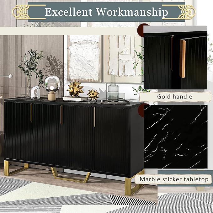 Modern 60'' Large Storage Cabinet Sideboard, Wooden Console Table Kitchen Buffet Cabinet with Metal Handles & Legs and Adjustable Shelves for Living Room Kitchen Entryway (Black-1)