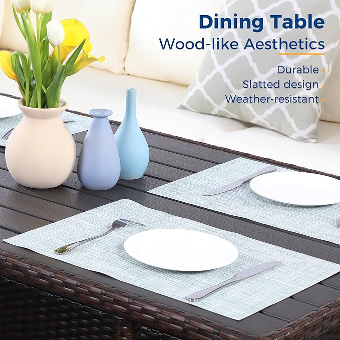 Wisteria Lane Patio Furniture Set, 7 Piece Outdoor Dining Sectional Sofa with Dining Table and Chair, All Weather Wicker Conversation Set with Ottoman, Ivory