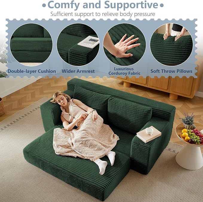 70.87" Loveseat Sofa Bed - Corduroy Upholstered, Comfy Deep Seat & Modern Design - Small Space Friendly, No Assembly Needed - Ideal for Living Room, Bedroom, Apartment, Home Office, Green