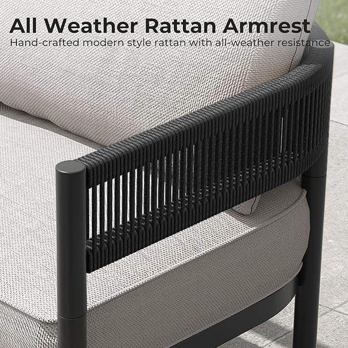 Grand patio 5-Piece Outdoor Furniture Set, 4 Seats Wicker Sofa Conversation Set with Thick Cushions and Coffee Table, for Backyard, Balcony, Garden (Beige)