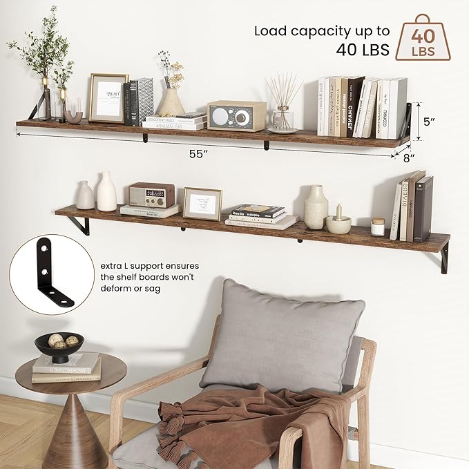 Axeman Floating Shelves for Wall 55 Inch | 55W x 8D Rustic Wood Floating Shelves Set of 2 | 8" Deep Wall Shelves for Bathroom Kitchen Living Room | Bookshelf Display Shelves - Rustic Brown
