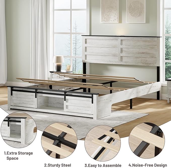 Full Size Bed Frame with Wood Headboard, Wooden Platform Bedframe with Sliding Barn Door Footboard and Charging Station Easy Assembly, No Box Spring Needed (Boho White, Full)