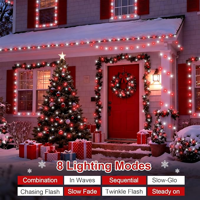 QITONG Red and White Christmas Light Outdoor Waterproof, 165ft 500 LED Clear Wire String Lights Plug-in, 8 Modes Christmas Tree Light Indoor