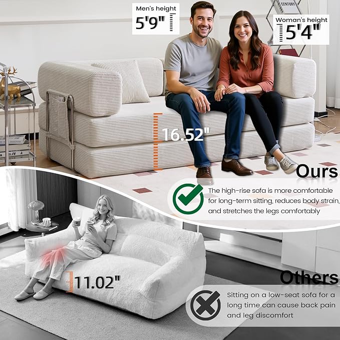 Folding Sofa Bed Convertable Corduroy Couch King Size Floor Sleeper 4-in-1 DIY Combination Modular Sofa Fold Out Futon Lounge Comfy Foldable Lazy cama for Living Room (Beige, 80.15'')