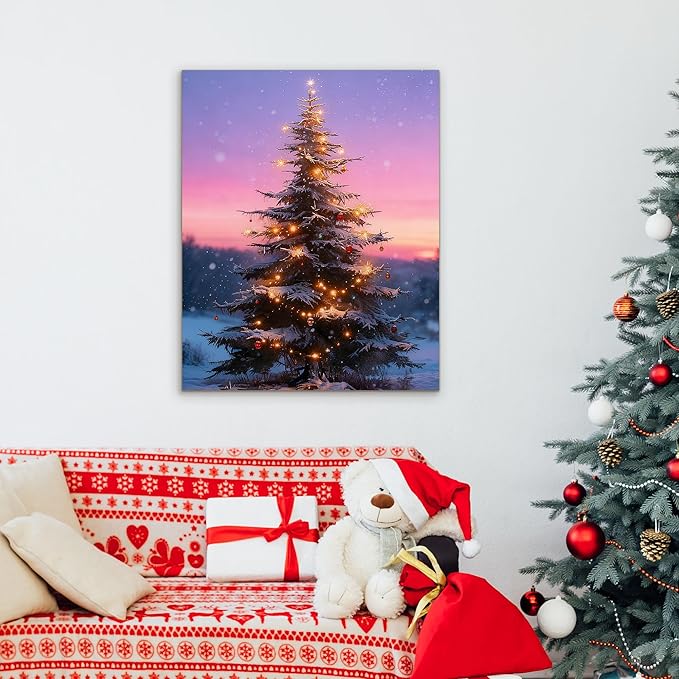 Framed Christmas Pictures Wall Decor,Vintage Pine Tree Prints,Winter Christmas Canvas Wall Art Decoration for Bedroom Bathroom Living Room Rustic Xmas Holiday Gifts (Christmas Tree 12, 24'' X 36'')