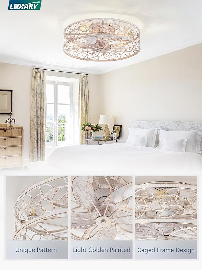 LEDIARY 23 Inch Caged Ceiling Fans with Lights, White Flush Mount Ceiling Fan with Remote, Large Low Profile Bladeless Ceiling Fan Light Fixture for Bedroom, Kitchen, Dining Room-White Gold Color