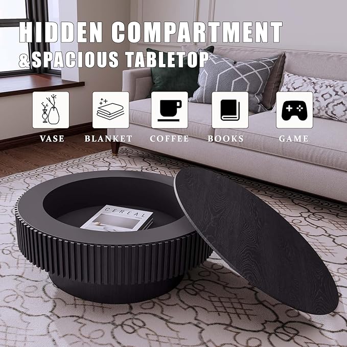31.5'' Small Round Coffee Table with Storage, Fluted Coffee Table with Solid Wood Veneered, Mid Century Modern Wooden Center Table, Accent Tea Table for Small Space Living Room Apartment,Black