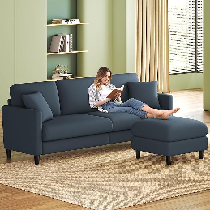 83" Couches for Living Room, Comfy Sofas for Living Room with Storage Ottoman, Teddy Sofa Couch, Tool-Free Loveseat Sofa, All-Wood Love Seat Couches, L Shaped Couch 2 Pillow Include, Blue Grey