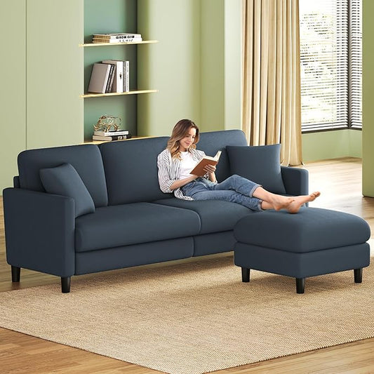 83" Couches for Living Room, Comfy Sofas for Living Room with Storage Ottoman, Teddy Sofa Couch, Tool-Free Loveseat Sofa, All-Wood Love Seat Couches, L Shaped Couch 2 Pillow Include, Blue Grey