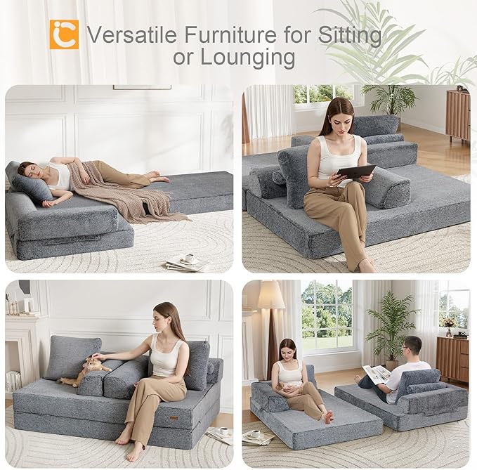 COMAX Convertible Sofa Bed, Folding Floor Couch Corduroy Fold Out Couch Bed Futon Sleeper Mattress with Pillows, Boneless Sofa Comfy Lounge Loveseat for Living Room Bedroom, Snow Grey