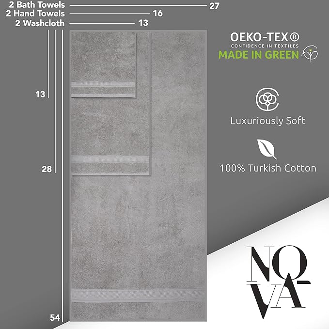 NOVA Luxury Linen - Hotel Quality Turkish Towel Set for Bathroom (6 Pcs Towel Set, Mirage Grey)