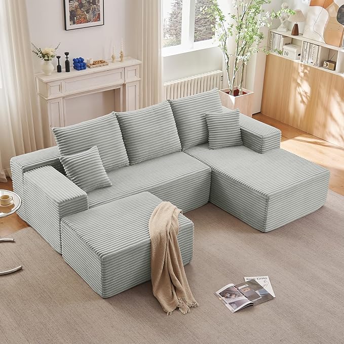 107" U-Shape Cloud Couch, Modern Modular Sectional Comfy L-Shape Sofa with Ottoman, Deep Seat, Upholstered Corduroy Sleeper Chaise Longue for Living Room Bedroom, No Assembly Required, Grey