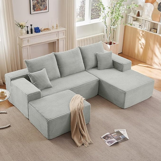 107" U-Shape Cloud Couch, Modern Modular Sectional Comfy L-Shape Sofa with Ottoman, Deep Seat, Upholstered Corduroy Sleeper Chaise Longue for Living Room Bedroom, No Assembly Required, Grey