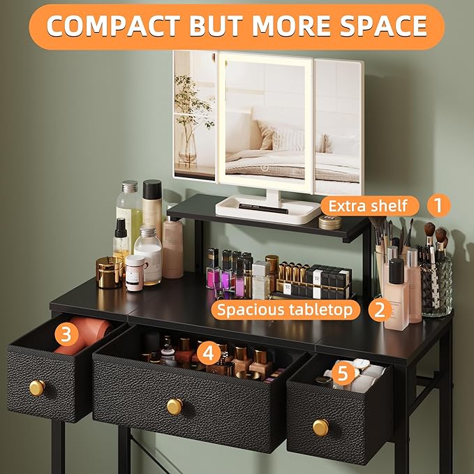 Small Makeup Vanity Desk 27.5''W with Mirror and Lights, Vanity Desk with 3 Fabric Drawers and Height-Adjustable Stand, Vanity Table for Girls Gifts, Bedroom and Small Spaces, Black
