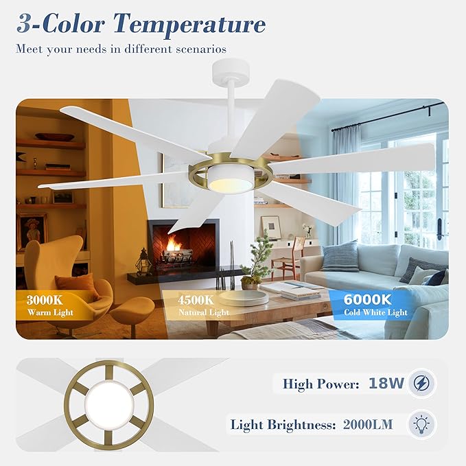 ELEHINSER 60" Ceiling Fan with Lights - 6 ABS Plastic Blades, 3 Downrods, 6-Speed Reversible DC Motor, 3CCT, Windmill Ceiling Fan for Kitchen Bedroom Living Room, White and Brass