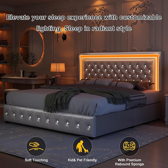 King Led Bed Frame with 4 Storage Drawers, Bed Frame with Led Lights, No Box Spring Needed, 900 lbs Capacity, Easy Assembly, PU White