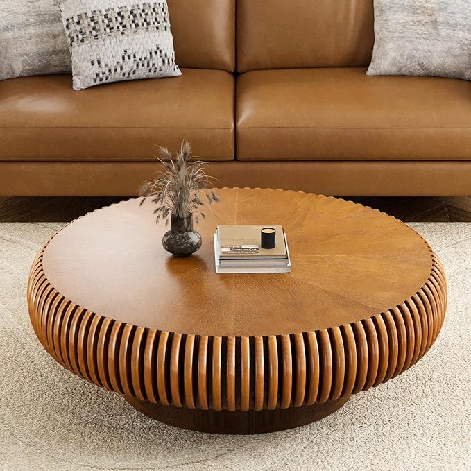 Brown Round Coffee Table for Living Room Round Fluted Drum Coffee Table Modern Fluted Coffee Tables for Living Room (Brown, 39.3 inch)