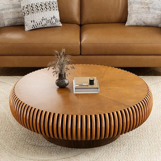 Brown Round Coffee Table for Living Room Round Fluted Drum Coffee Table Modern Fluted Coffee Tables for Living Room (Brown, 39.3 inch)