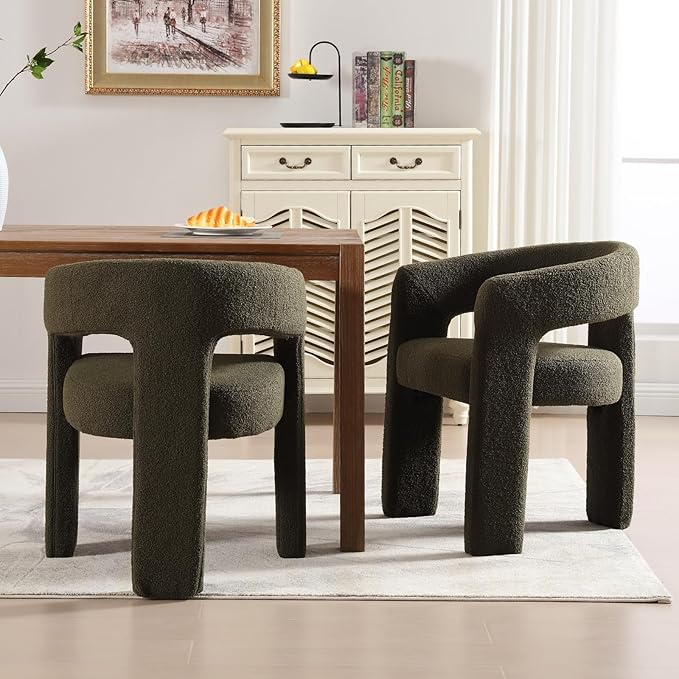 Modern Sherpa Dining Chairs Set of 6, Upholstered Barrel Chairs with Arms Comfy Accent Side Chairs for Living Room/Dining Room/Reception, Green