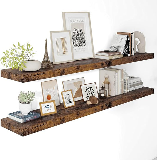 Vivelove 12" Deep Floating Shelves for Wall 55" Long, Wall Shelves for Living Room Bedroom Bathroom Kitchen Laundry Room, Farmhouse Rustic Shelves for Home Decor, 55" X 12" X 2" Set Of 2, Rustic Brown