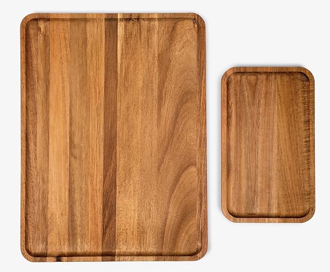Acacia Rectangle Wooden Tray - 2 Sizes 16" X 12" and 10" X 6" - Food Safe Serving Tray - Large & Small Wooden Trays Combination - Durable Wood Display Tray for Coffee Party or Home Decor